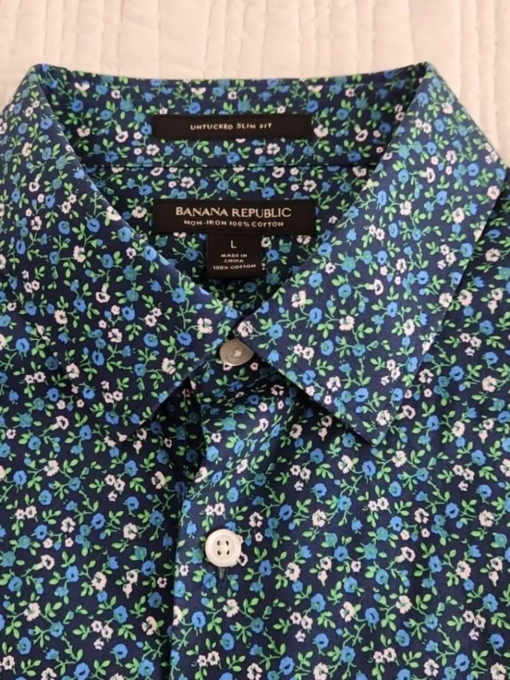 Banana Republic Shirt Men's L Large Blue Green Floral AOP Untucked‎ Slim Fit EUC
